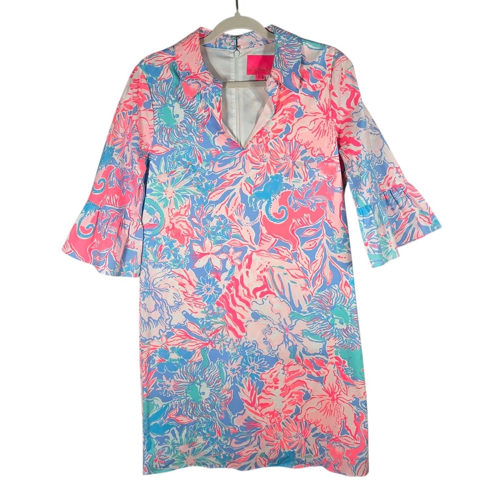 Lilly Pulitzer Ginger Stretch Dress 4 Blue Peri Viva La Lilly Bell Sleeve Resort